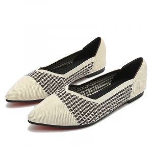 Beige Knit Ballet Flats Shoes-Brown Plaid
