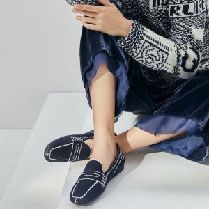 Navy blue knit Square-toe loafers 